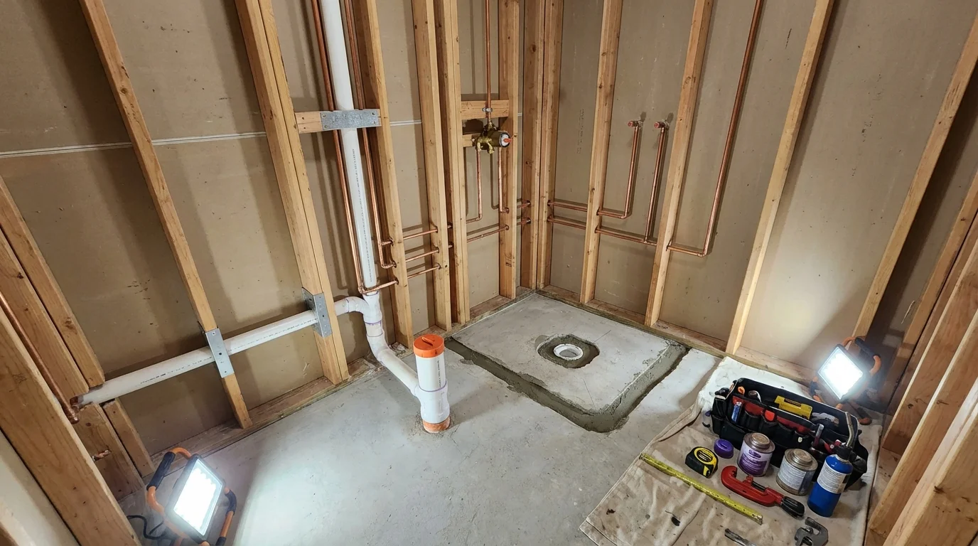 Bathroom rough-in plumbing during remodel by Johns Plumbing LLC in Elbow Lake