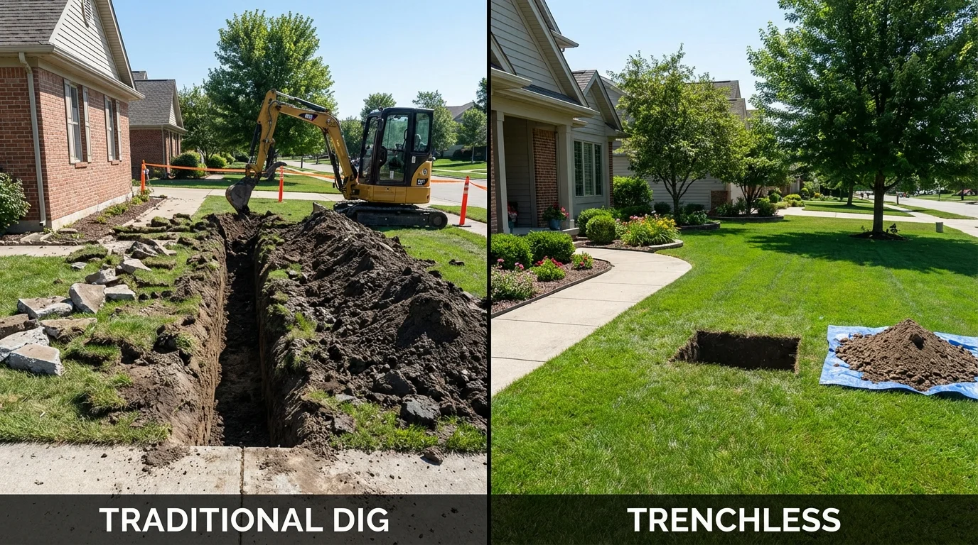 Trenchless sewer repair with minimal yard damage versus traditional excavation in Elbow Lake, MN