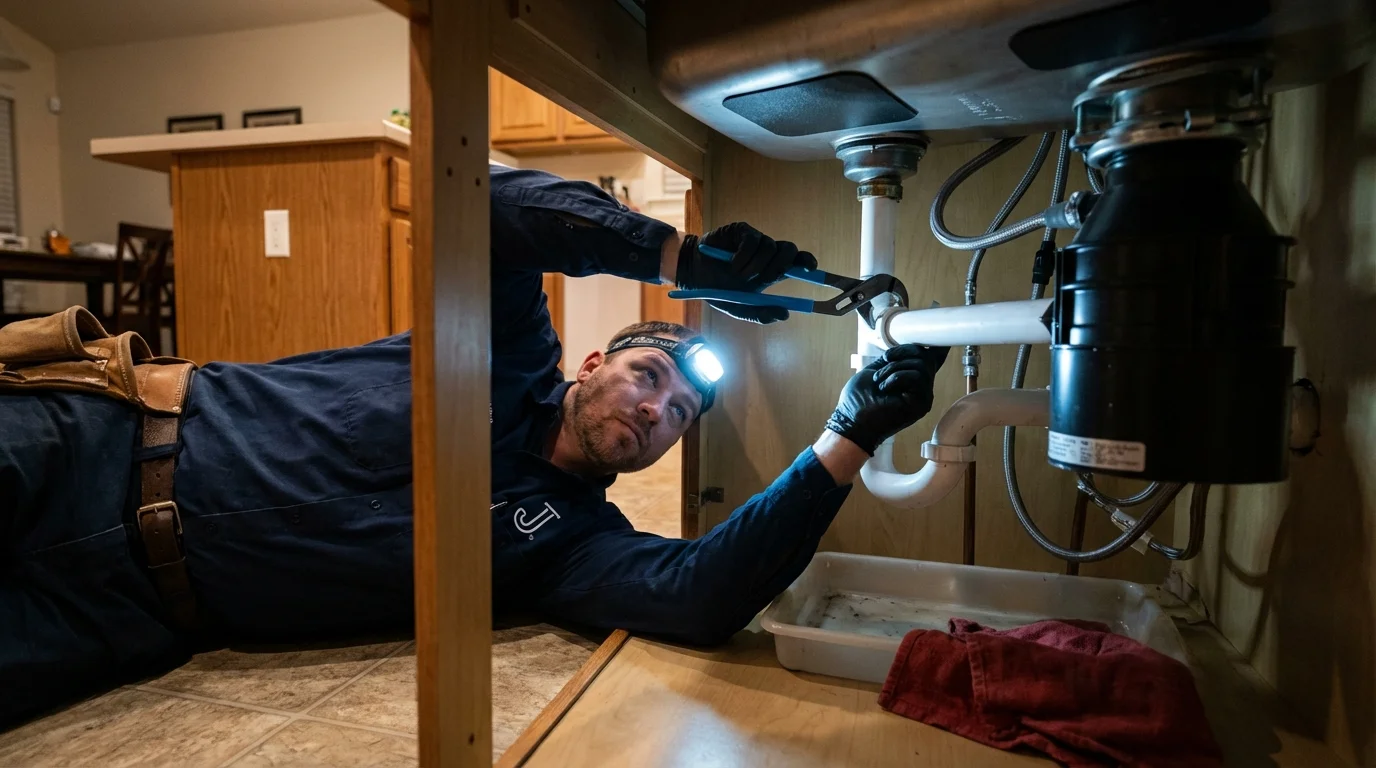 P-trap and supply line connections under a kitchen sink showing a common leak point in Elbow Lake, MN